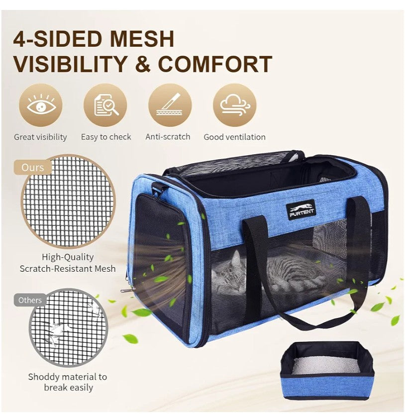 TSA Airline Approved Pet Carrier for Cats and Small Dogs - Soft Sided, Foldable, Cat Dog Carrier Fits Pets Up to 15 lbs - Ideal for Travel, Car Rides, and Vet Visits - Dark Blue