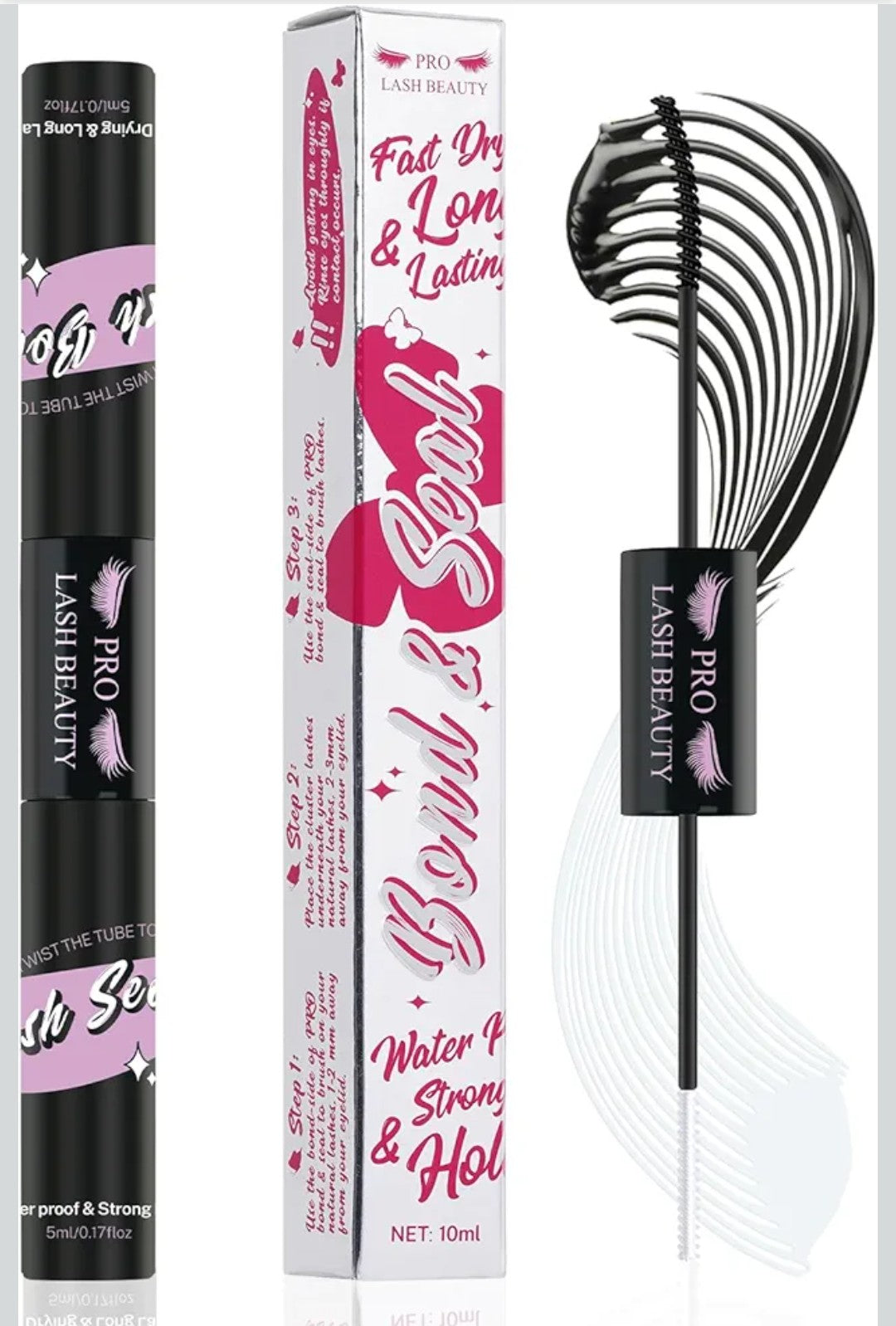 Lash Bond and Seal Cluster Lash Glue & Seal Waterproof Cluster Lash Glue for DIY Eyelash Extensions Waterproof Strong Hold (10ml, Black Bond & Clear Seal)