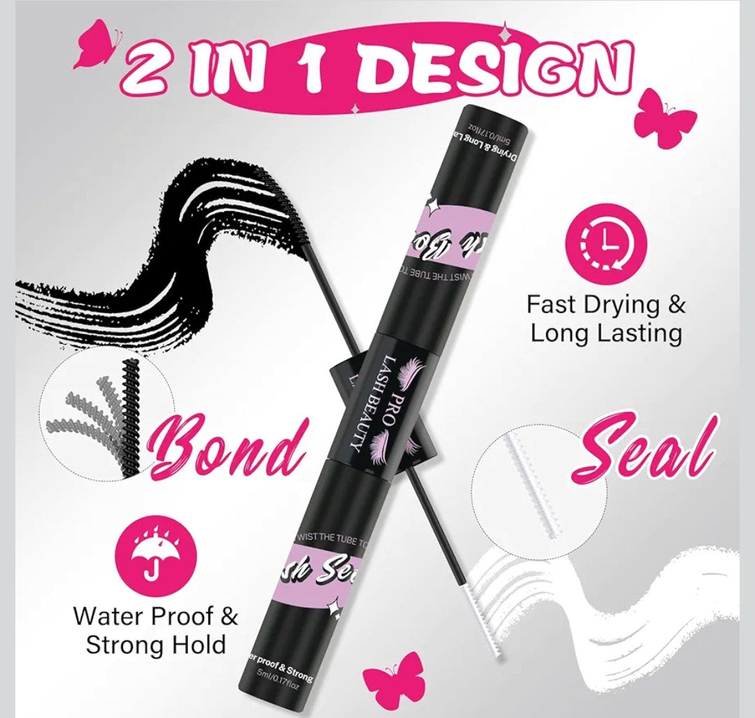 Lash Bond and Seal Cluster Lash Glue & Seal Waterproof Cluster Lash Glue for DIY Eyelash Extensions Waterproof Strong Hold (10ml, Black Bond & Clear Seal)