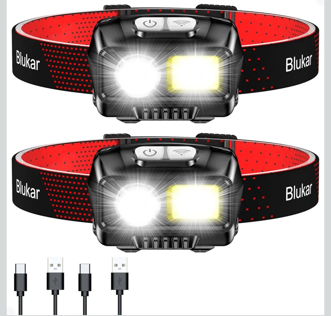 Blukar LED Headlamp Rechargeable,2000L High Lumen Super Bright Dimmable Headlight Flashlight with Motion Sensor- 8 Modes,Spotlight&Floodlight,IPX5 Waterproof for Camping,Hiking,Running,Fishing -2 Pack