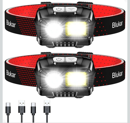 Blukar LED Headlamp Rechargeable,2000L High Lumen Super Bright Dimmable Headlight Flashlight with Motion Sensor- 8 Modes,Spotlight&Floodlight,IPX5 Waterproof for Camping,Hiking,Running,Fishing -2 Pack