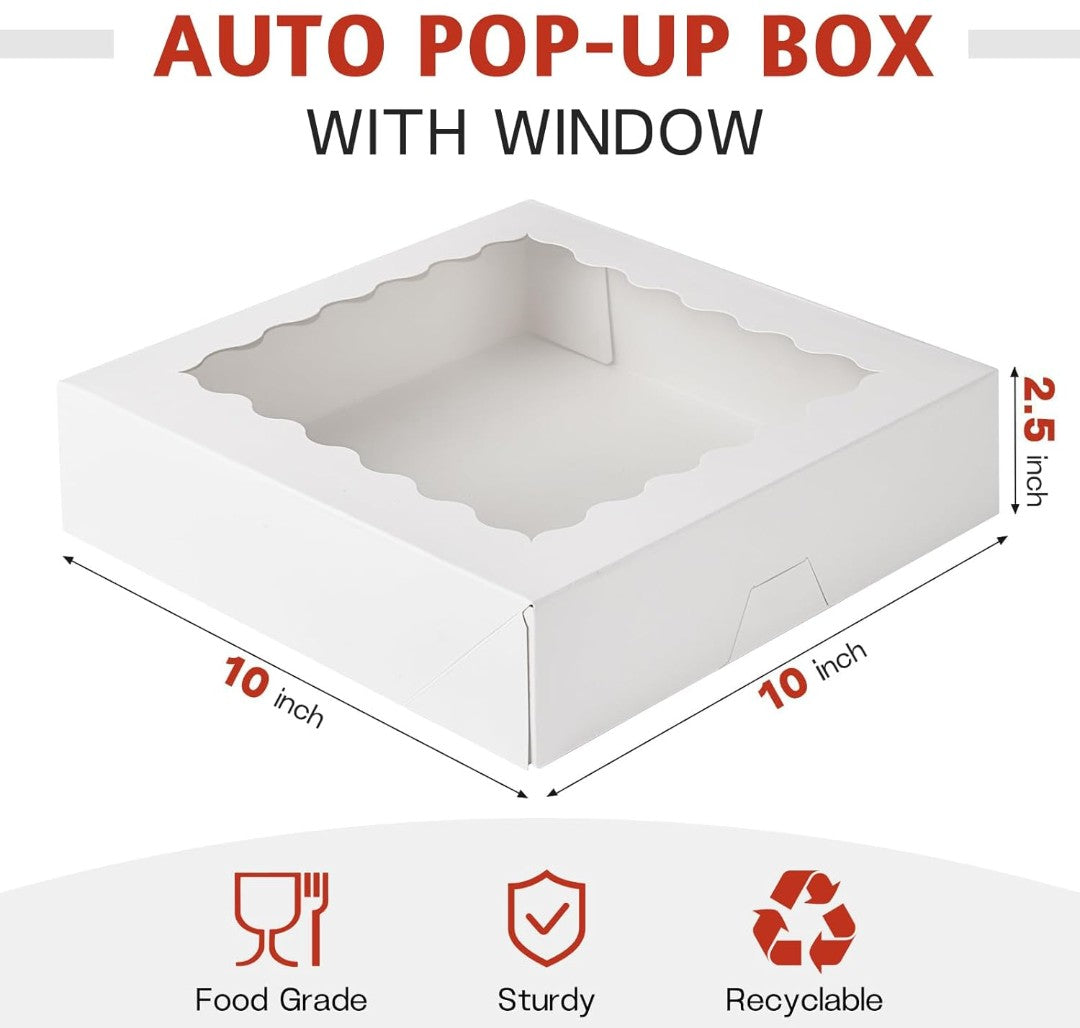 10"x10"x2.5" Pie Boxes with Window, 25 Pack Auto Pop-up Chocolate Covered Strawberry Boxes White Bakery Boxes for Cookies, Treats, Pastry, Breakable Heart, Donuts, Muffins