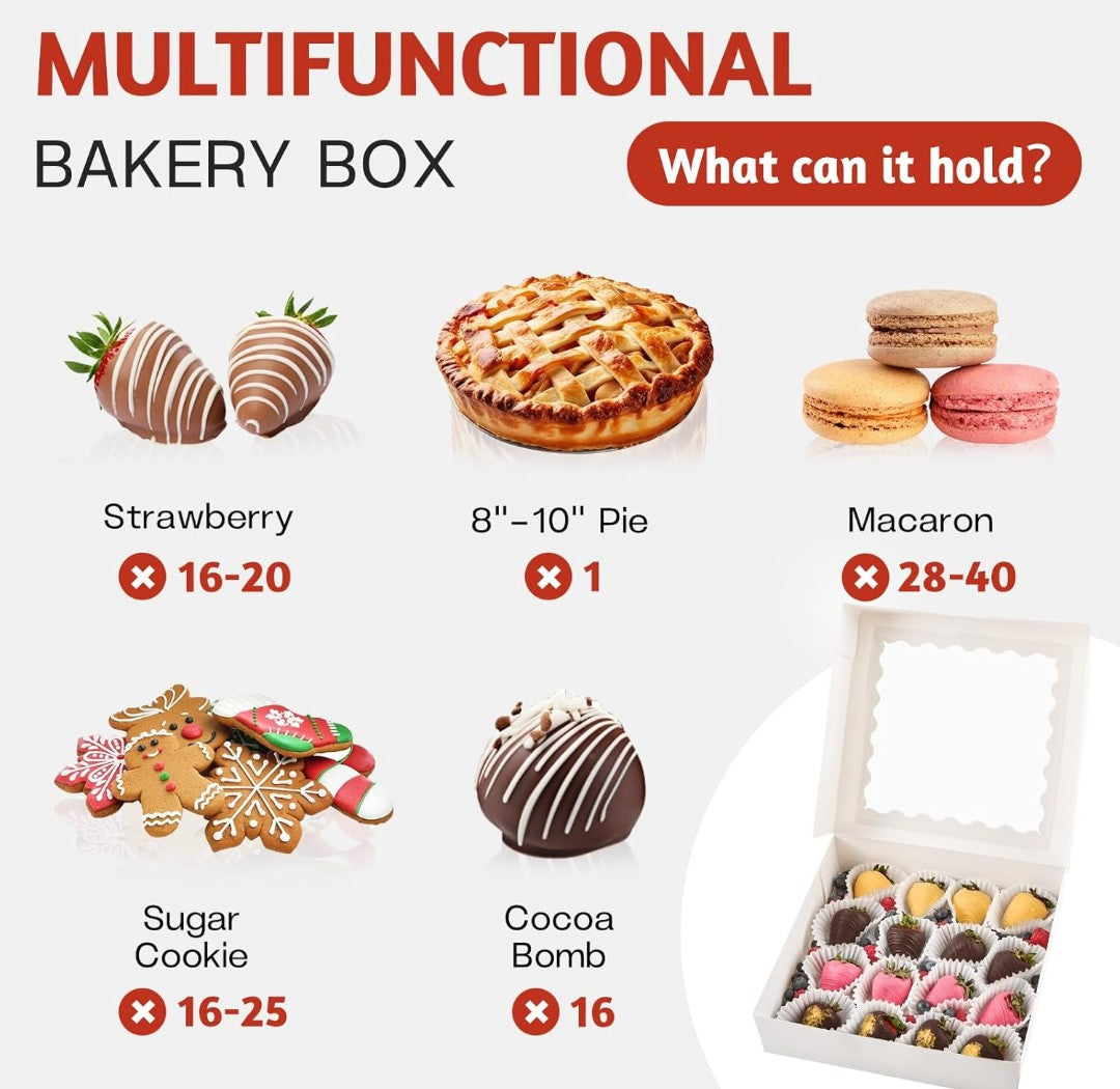 10"x10"x2.5" Pie Boxes with Window, 25 Pack Auto Pop-up Chocolate Covered Strawberry Boxes White Bakery Boxes for Cookies, Treats, Pastry, Breakable Heart, Donuts, Muffins