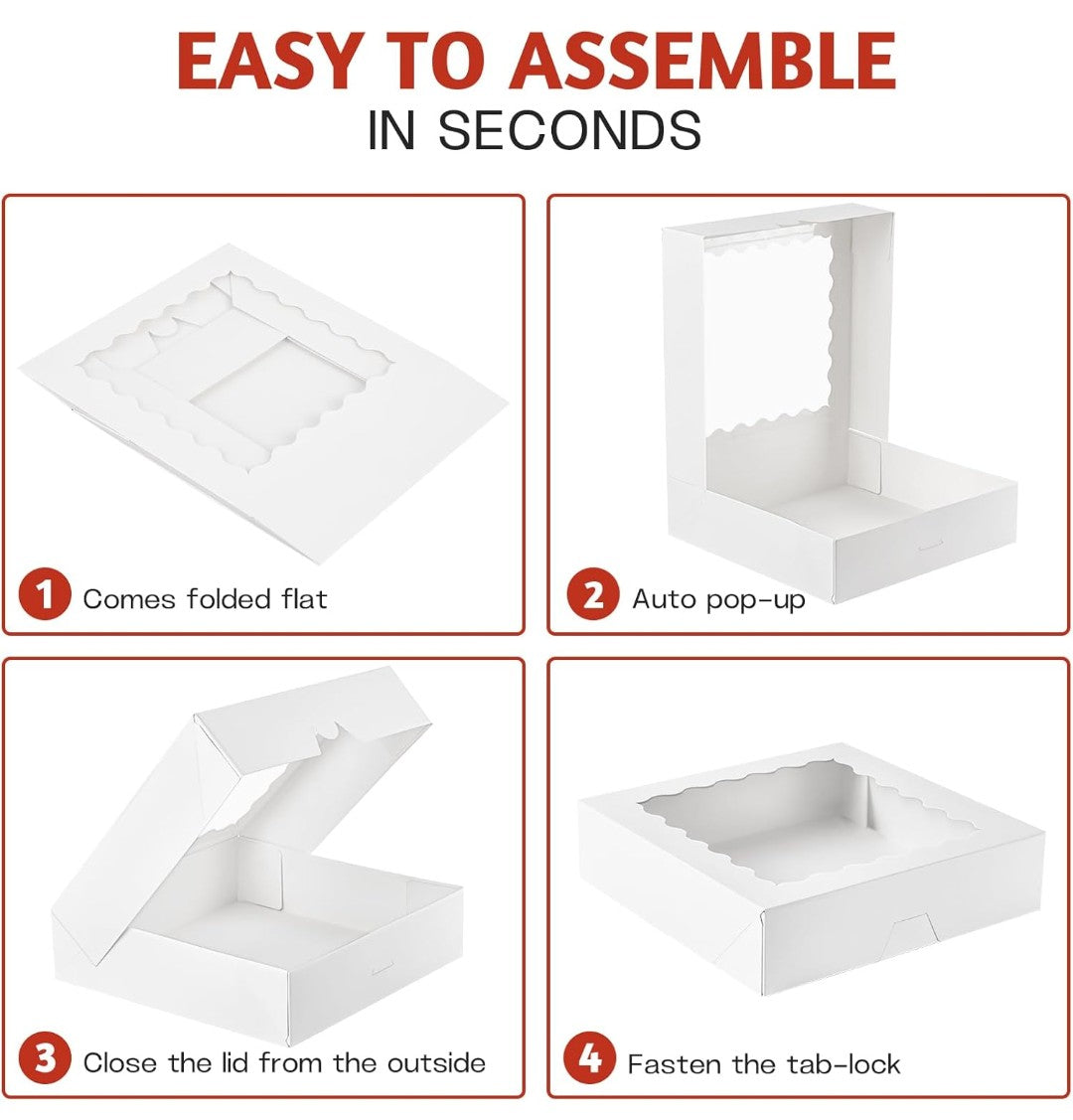 10"x10"x2.5" Pie Boxes with Window, 25 Pack Auto Pop-up Chocolate Covered Strawberry Boxes White Bakery Boxes for Cookies, Treats, Pastry, Breakable Heart, Donuts, Muffins