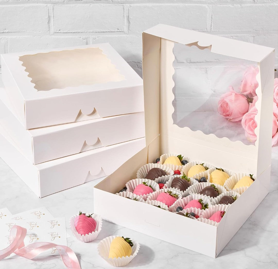 10"x10"x2.5" Pie Boxes with Window, 25 Pack Auto Pop-up Chocolate Covered Strawberry Boxes White Bakery Boxes for Cookies, Treats, Pastry, Breakable Heart, Donuts, Muffins