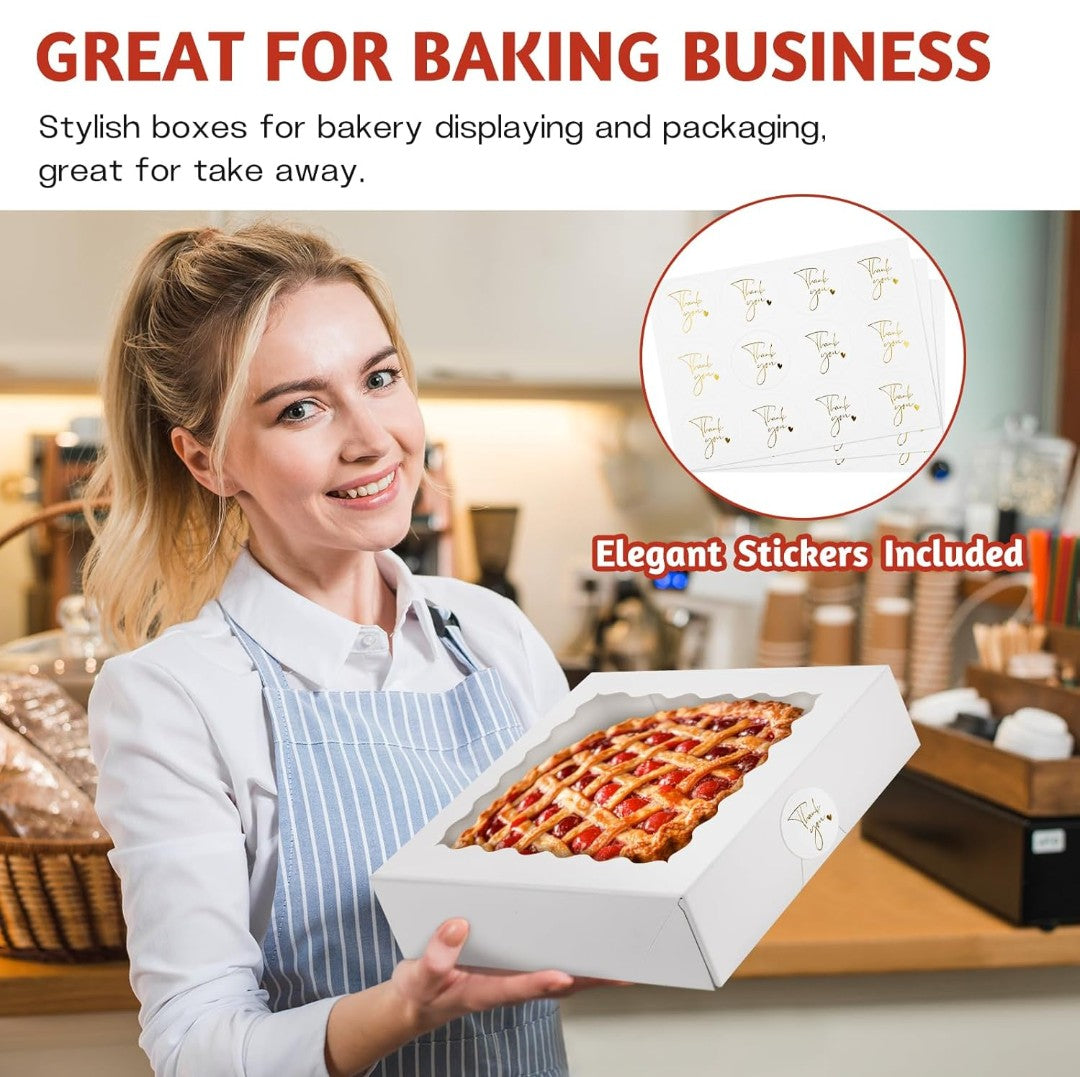 10"x10"x2.5" Pie Boxes with Window, 25 Pack Auto Pop-up Chocolate Covered Strawberry Boxes White Bakery Boxes for Cookies, Treats, Pastry, Breakable Heart, Donuts, Muffins