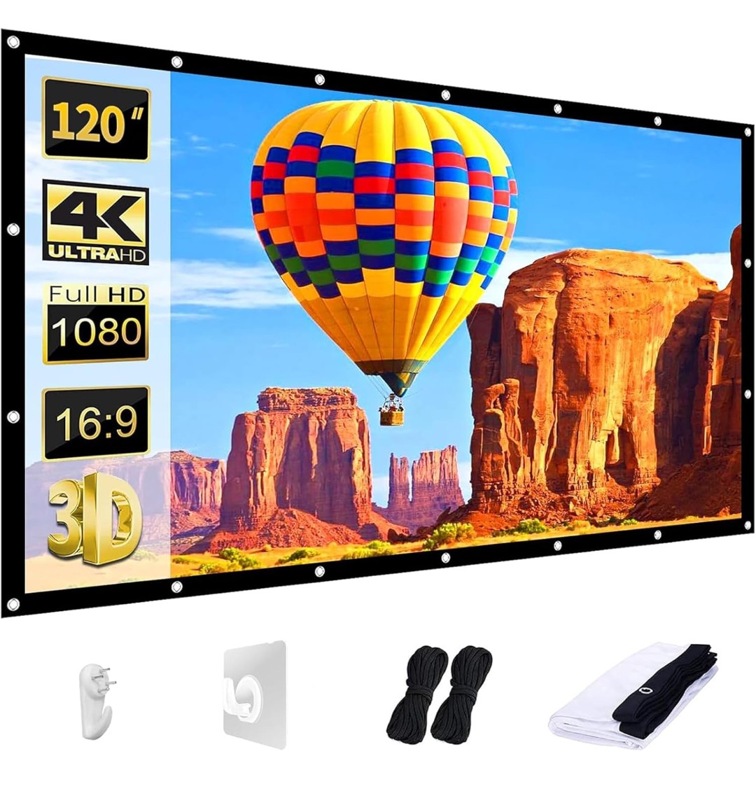 AAJK Projector Screen 120 inch, Washable Projector Screen 16:9 Foldable Anti-Crease Portable Projector Movies Screen for Home Theater Outdoor Indoor Support Double Sided Projection