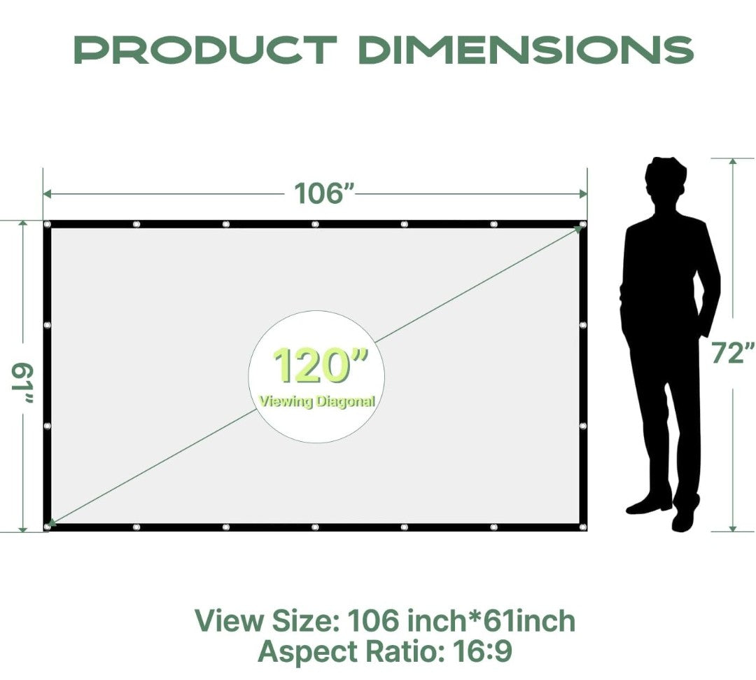 AAJK Projector Screen 120 inch, Washable Projector Screen 16:9 Foldable Anti-Crease Portable Projector Movies Screen for Home Theater Outdoor Indoor Support Double Sided Projection