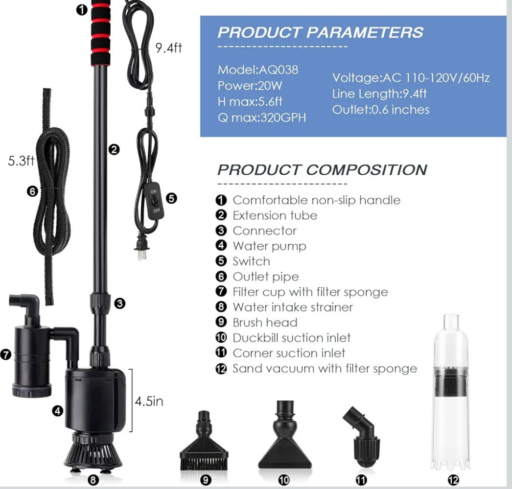 AQQA Electric Aquarium Gravel Cleaner, 6 in 1 Automatic Fish Tank Cleaning Tools Gravel Vacuum for Aquarium, Suitable for Change Water Wash Sand Water Filter and Water Circulation (320GPH, 20W)