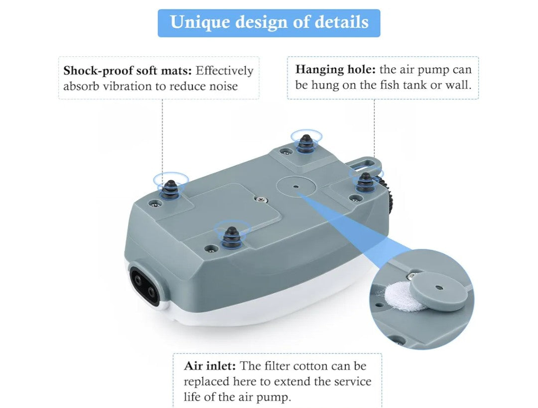 HITOP Dual Outlet Aquarium Electric Air Pump, Whisper Adjustable Fish Tank Aerator, Quiet Oxygen Pump with Accessories for 20 to 100 Gallon