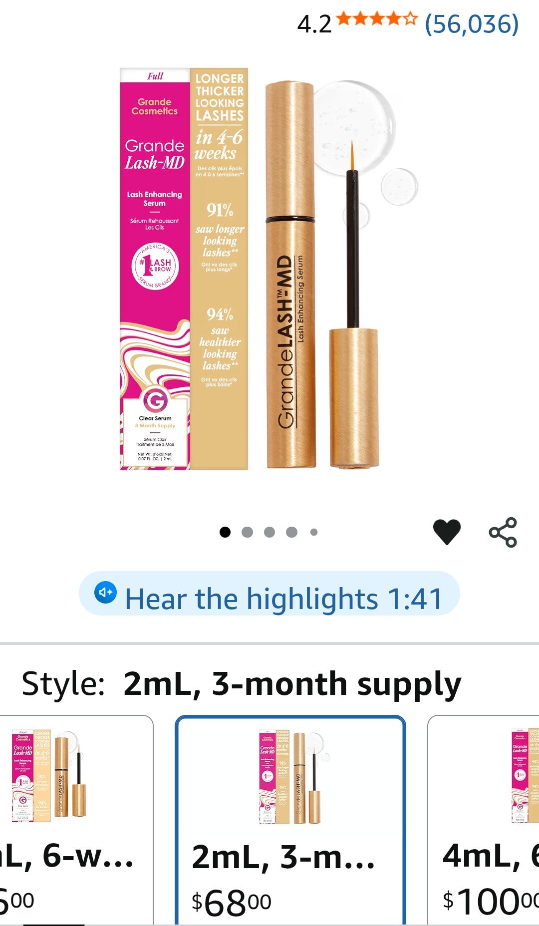 Grande Cosmetics GrandeLASH-MD Lash Enhancing Serum - Peptide & Vitamin Infused Formula for Longer, Thicker, Fuller Looking Lashes - Ophthalmologist Tested, Cruelty-Free