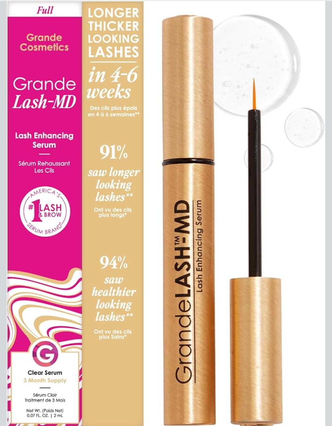 Grande Cosmetics GrandeLASH-MD Lash Enhancing Serum - Peptide & Vitamin Infused Formula for Longer, Thicker, Fuller Looking Lashes - Ophthalmologist Tested, Cruelty-Free
