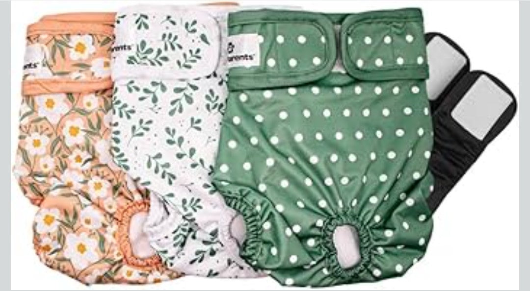 Pet Parents® Washable Dog Diapers (3pack) + Extendrs® of Durable Doggie Diapers, Premium Dog Diapers Female (Small, Daisy)