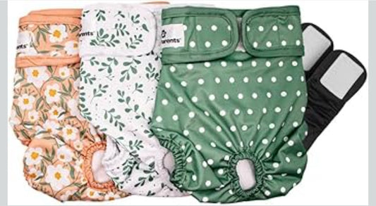 Pet Parents® Washable Dog Diapers (3pack) + Extendrs® of Durable Doggie Diapers, Premium Dog Diapers Female (Small, Daisy)