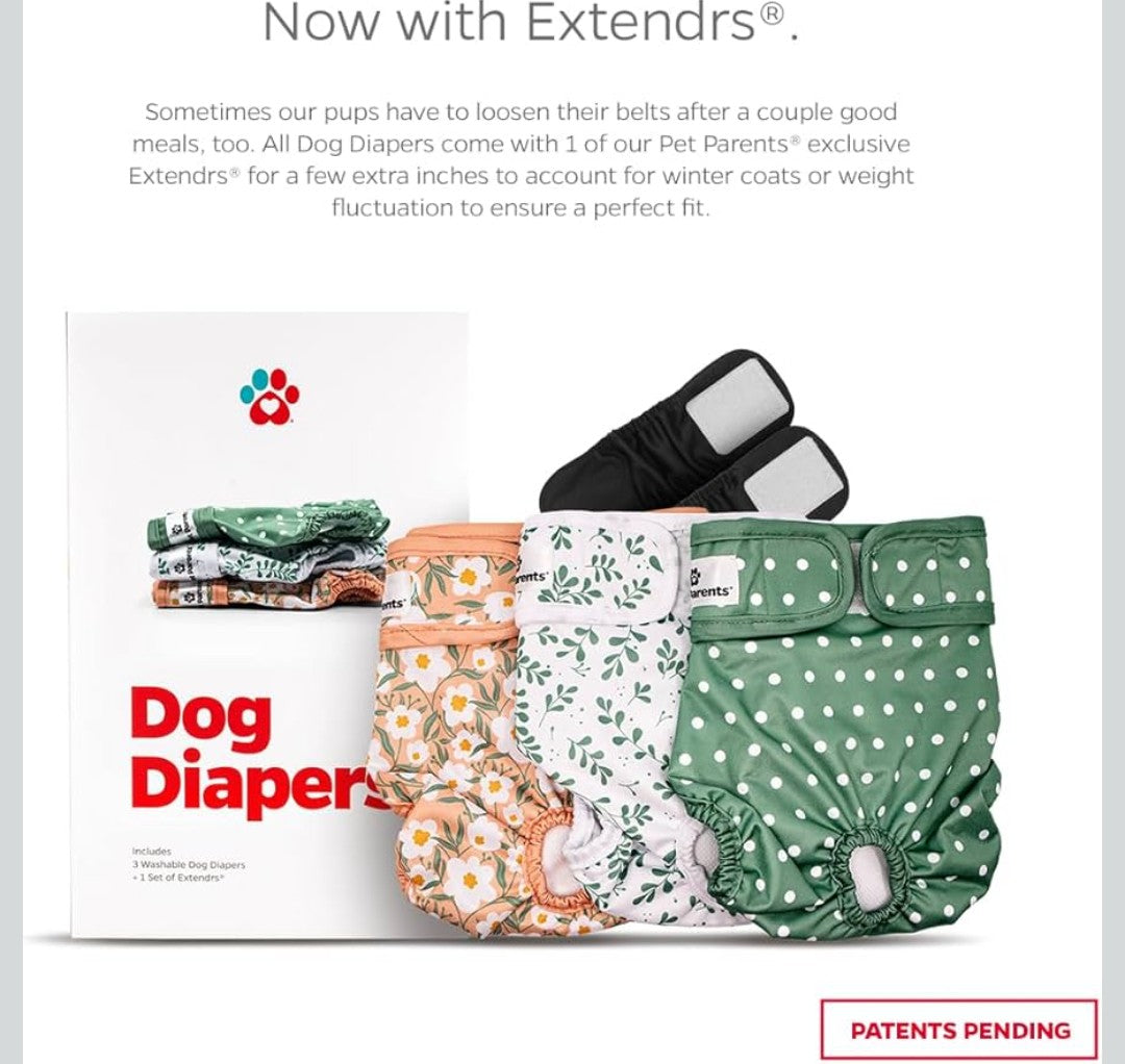 Pet Parents® Washable Dog Diapers (3pack) + Extendrs® of Durable Doggie Diapers, Premium Dog Diapers Female (Small, Daisy)