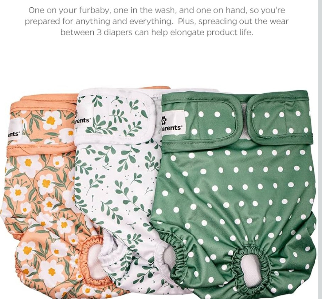 Pet Parents® Washable Dog Diapers (3pack) + Extendrs® of Durable Doggie Diapers, Premium Dog Diapers Female (Small, Daisy)