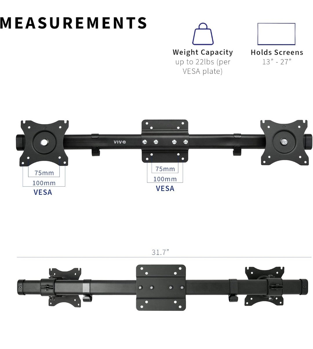 VIVO Dual VESA Bracket Adapter, Horizontal Assembly Mount for 2 Monitor Screens up to 27 inches, MOUNT-VW02A