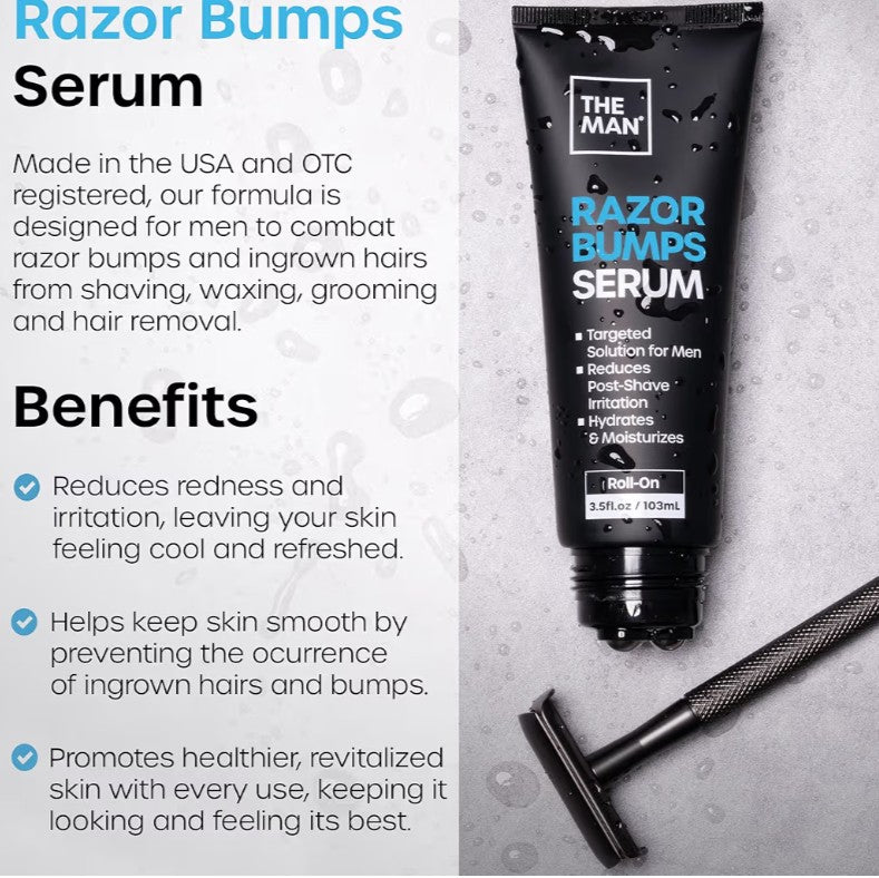 The Man Razor Bumps Serum - Ingrown Hair Treatment for Men - Razor Bump Treatment for Men - Face & Body After Shave & Razor Burn Treatment - Metal Roll On Soothes Skin & Calms Irritation (3.5fl.oz)