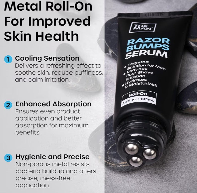 The Man Razor Bumps Serum - Ingrown Hair Treatment for Men - Razor Bump Treatment for Men - Face & Body After Shave & Razor Burn Treatment - Metal Roll On Soothes Skin & Calms Irritation (3.5fl.oz)