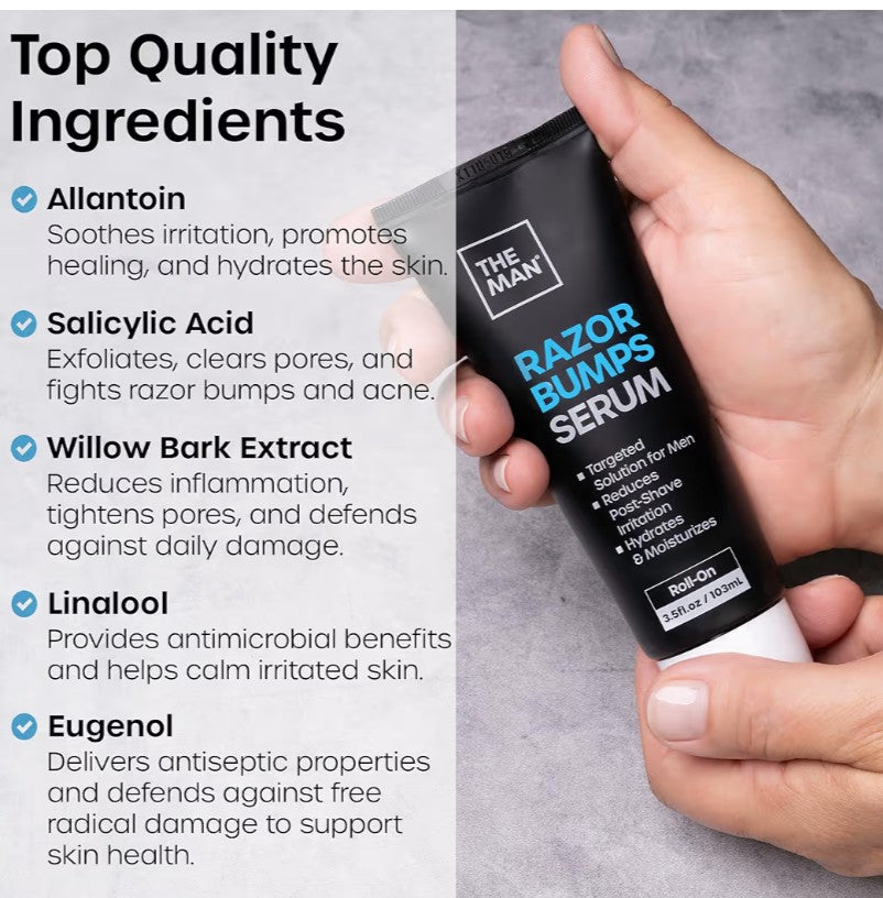 The Man Razor Bumps Serum - Ingrown Hair Treatment for Men - Razor Bump Treatment for Men - Face & Body After Shave & Razor Burn Treatment - Metal Roll On Soothes Skin & Calms Irritation (3.5fl.oz)