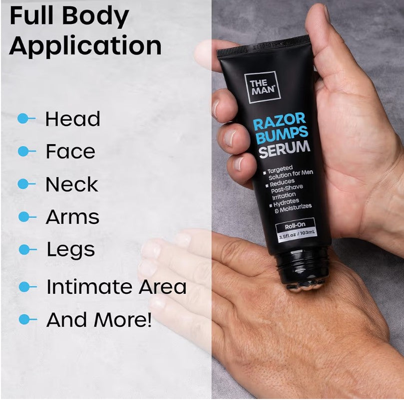 The Man Razor Bumps Serum - Ingrown Hair Treatment for Men - Razor Bump Treatment for Men - Face & Body After Shave & Razor Burn Treatment - Metal Roll On Soothes Skin & Calms Irritation (3.5fl.oz)