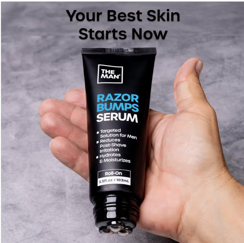 The Man Razor Bumps Serum - Ingrown Hair Treatment for Men - Razor Bump Treatment for Men - Face & Body After Shave & Razor Burn Treatment - Metal Roll On Soothes Skin & Calms Irritation (3.5fl.oz)
