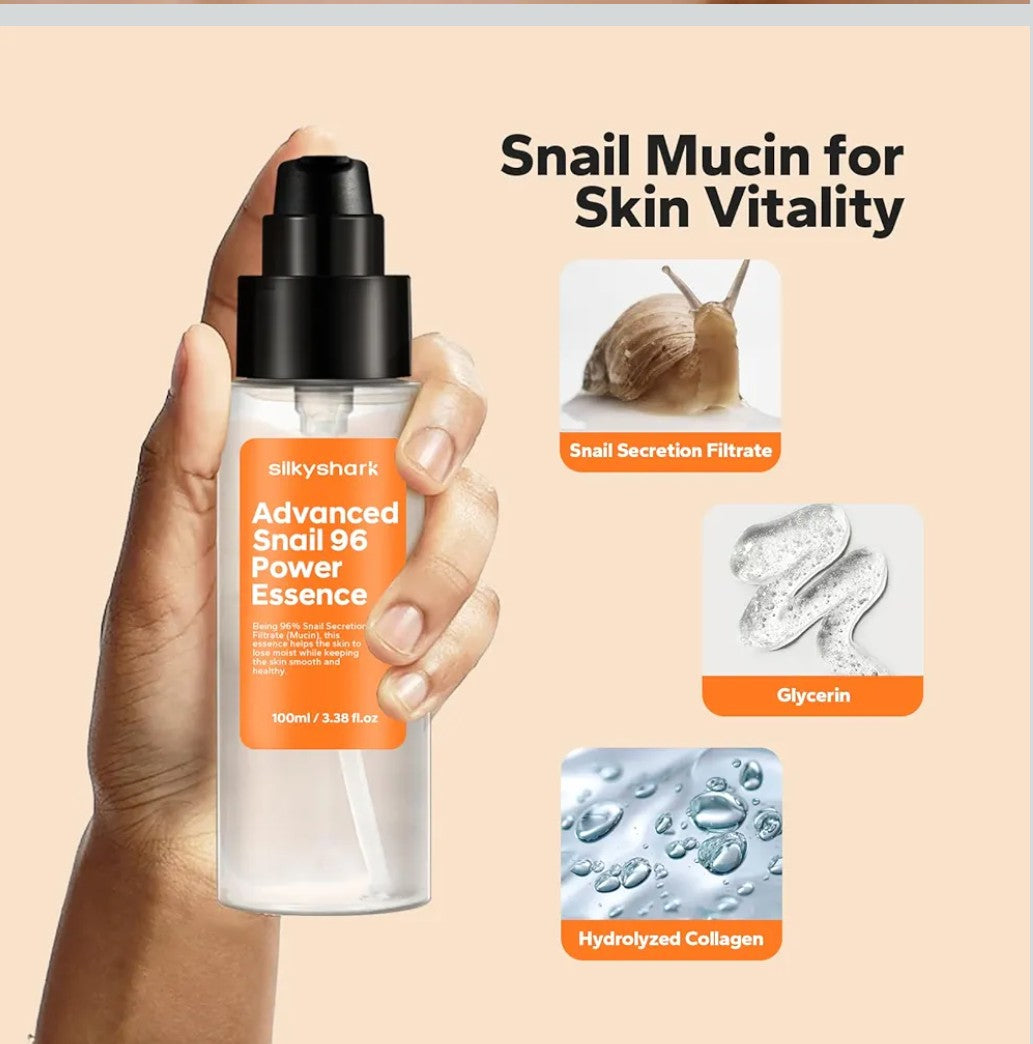 SilkyShark 96% Snail Mucin Serum (3.38 Fl Oz), Snail Secretion Filtrate Power Essence, Facial Skin Care Products with Snail Mucin, Hydrated and Youthful Skin