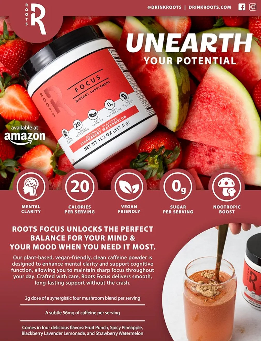 Silver Star Nutrition, Roots Focus Nootropic Brain Supplement - Strawberry Watermelon, Blend of Lion's Mane, Cordyceps, & Reishi Functional Mushrooms + Extended-Release Caffeine, 50 Servings