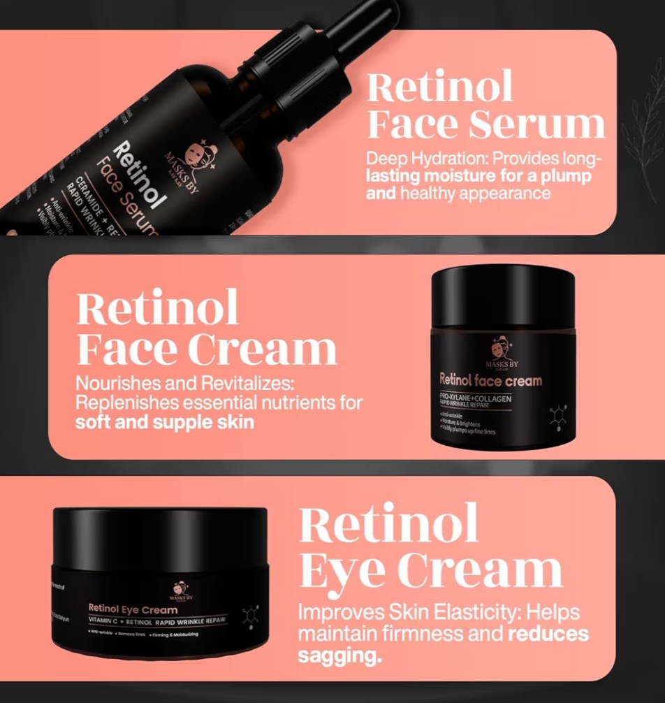 Retinol 3-Piece Set: Face Cream, Moisturizer, and Firming Serum for Women - Skin Care Exfoliant