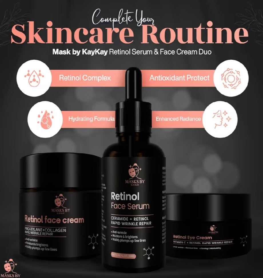 Retinol 3-Piece Set: Face Cream, Moisturizer, and Firming Serum for Women - Skin Care Exfoliant