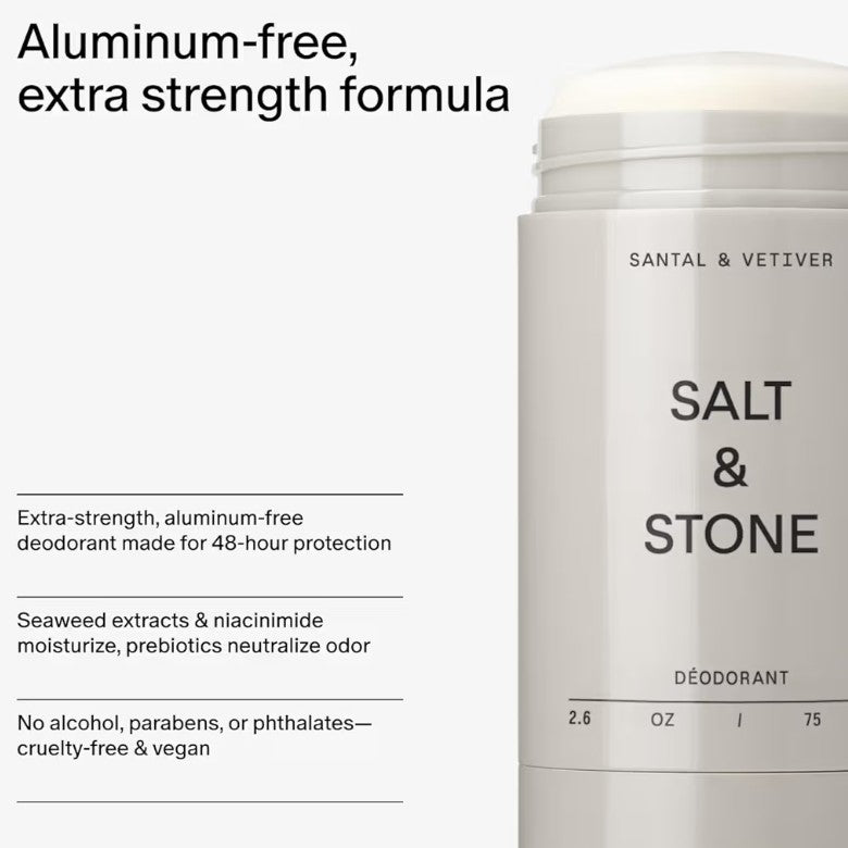 SALT & STONE Aluminum Free Deodorant | Extra Strength 48 Hour Protection for Women & Men | Made with Seaweed Extracts, Shea Butter & Prebiotics (Santal & Vetiver)