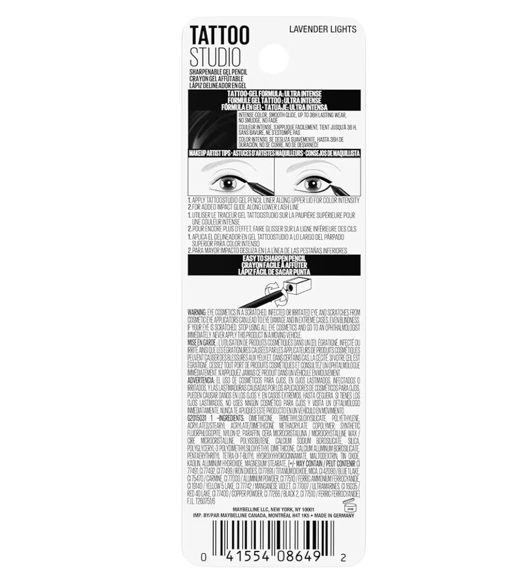 MAYBELLINE Tattoo Studio Sharpenable Eyeliner Pencil, 36 Hour Wear, Waterproof, Lavender Lights, 1 Count