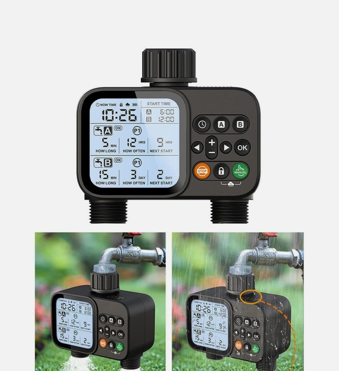 Smart Dual Outlet Water Timer for Automatic and Manual Irrigation Control