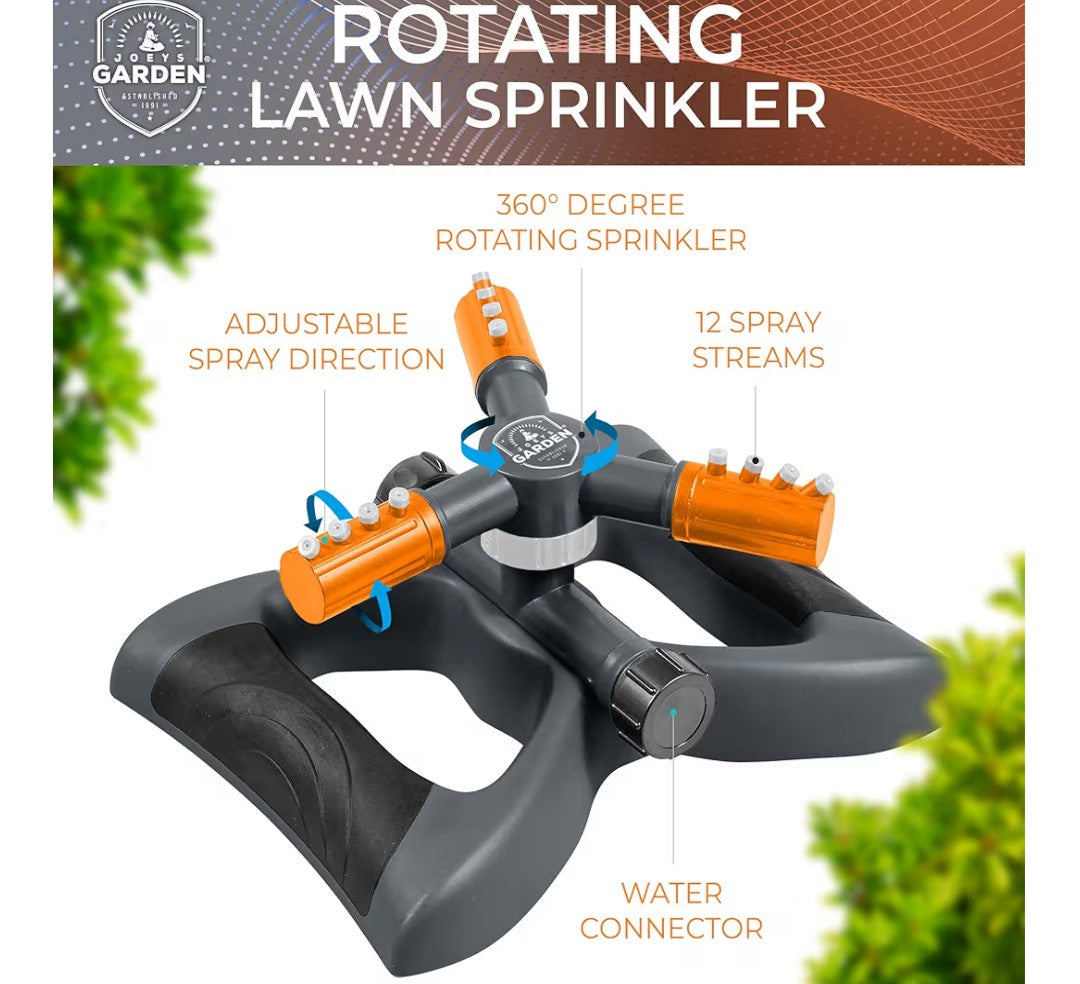 Joeys Sprinkler for Yard, Rotating Garden Sprinkler for Large Area Coverage, Lawn and Yard Sprinklers (Orange)