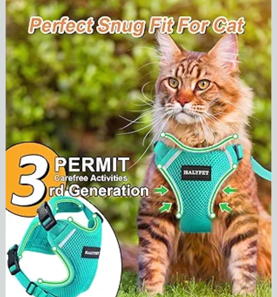 Halypet Cat Harness and Leash Set [ MAX Safety Third Generation ] Escape Proof Soft Adjustable Cat Leash Breathable Comfortable Vest Easy to Wear Kitten Harness for Outdoor Walking