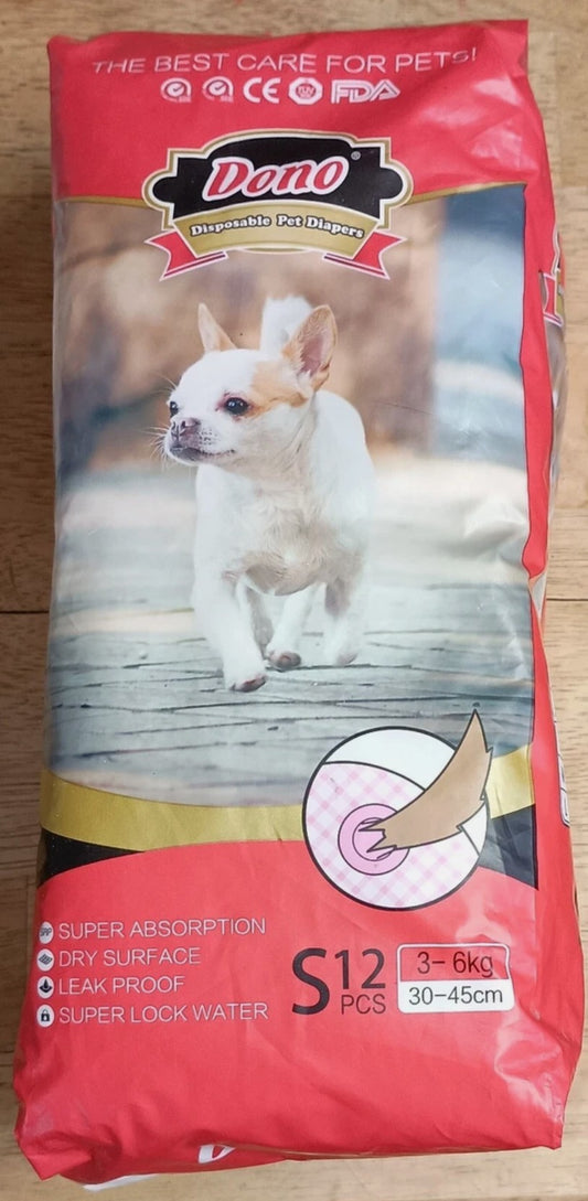 Dono Disposable Dog Diaper 12 count S= 6.5lb-13lb 11.8-17in Waist. D