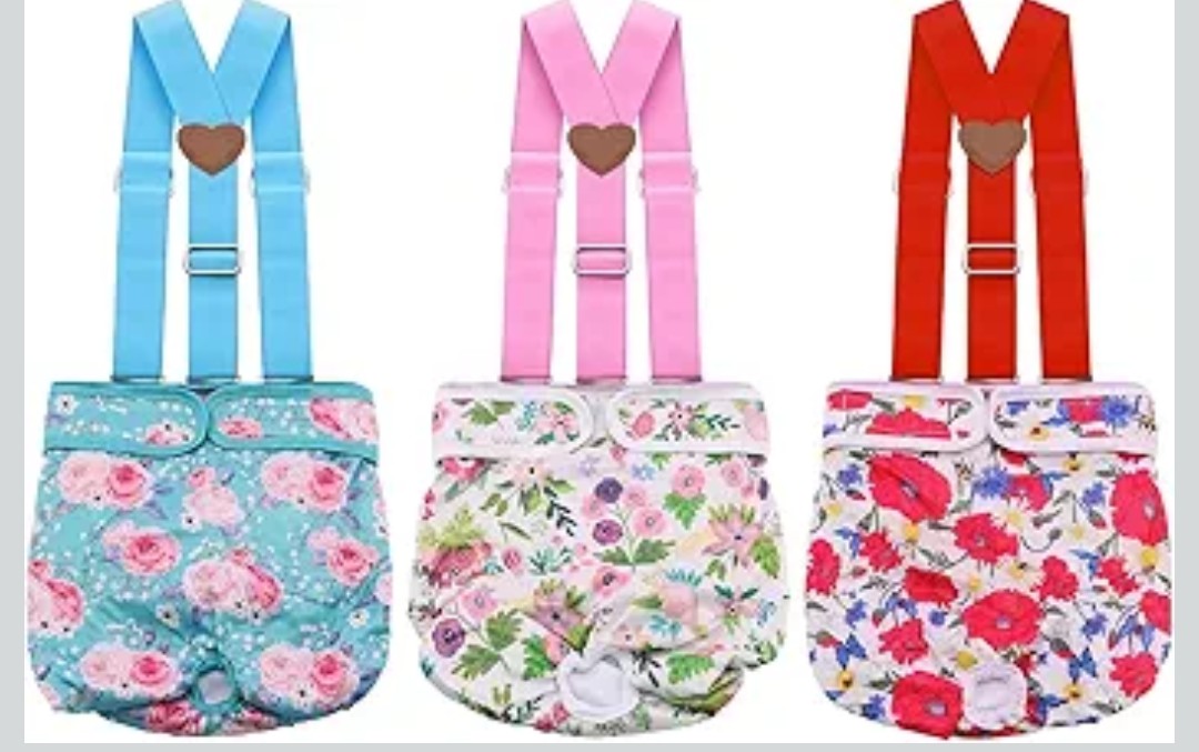 3 Pack Washable Female Dog Diaper with Suspender,Reusable Fixed Doggie Diapers Super Absorbent Leakproof for Small Medium Large Dog in Heat Cycle-M