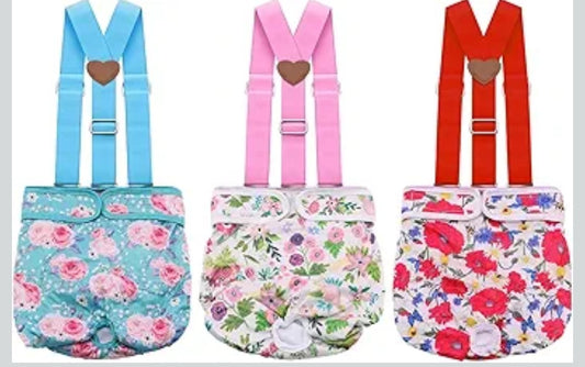 3 Pack Washable Female Dog Diaper with Suspender,Reusable Fixed Doggie Diapers Super Absorbent Leakproof for Small Medium Large Dog in Heat Cycle-M