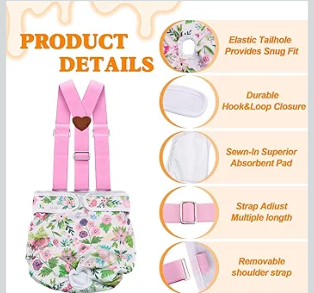 3 Pack Washable Female Dog Diaper with Suspender,Reusable Fixed Doggie Diapers Super Absorbent Leakproof for Small Medium Large Dog in Heat Cycle-M