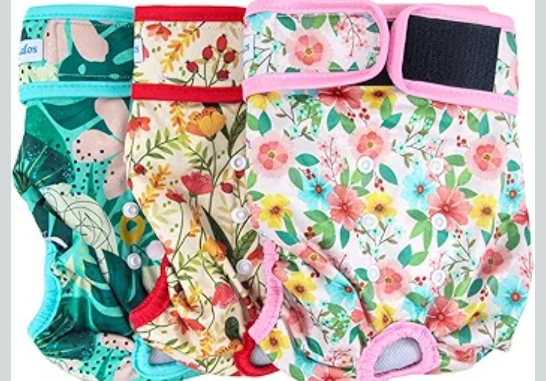 Leekalos Reusable Washable Dog Cat Diapers Female (3 Pack) - Highly Absorbent Doggie Diapers - Size Adjustable Puppy Diapers for Dog Period Panties (Medium, Flora)