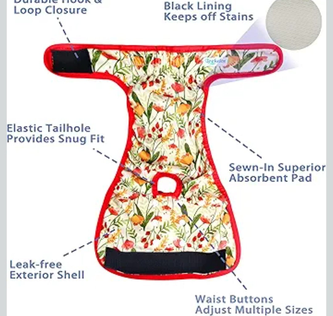 Leekalos Reusable Washable Dog Cat Diapers Female (3 Pack) - Highly Absorbent Doggie Diapers - Size Adjustable Puppy Diapers for Dog Period Panties (Medium, Flora)