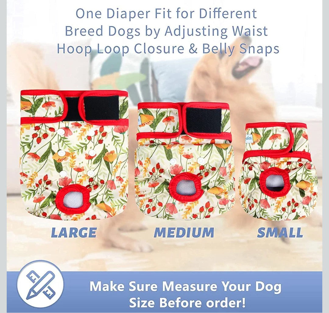 Leekalos Reusable Washable Dog Cat Diapers Female (3 Pack) - Highly Absorbent Doggie Diapers - Size Adjustable Puppy Diapers for Dog Period Panties (Medium, Flora)