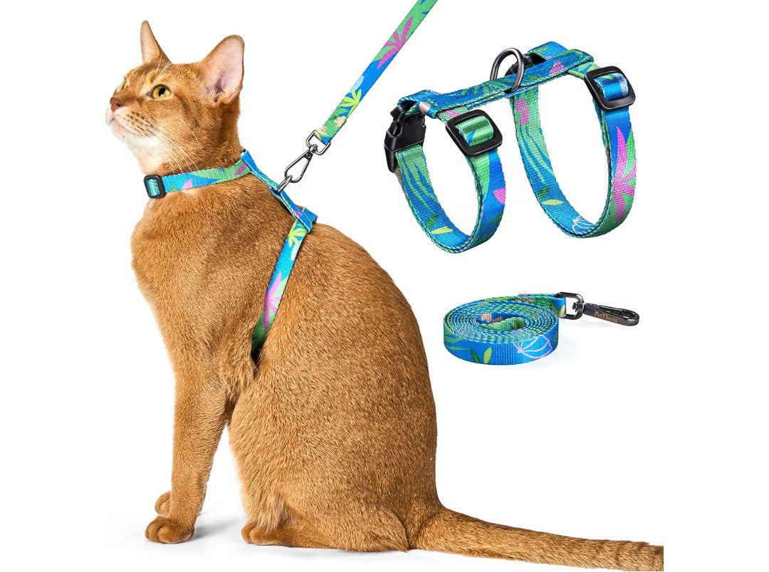 Cat Harness and Leash Set - Escape Proof Adjustable Cat Harness, Comfortable Soft Lightweight, Use Safe & Easy, Walking Travel Kitten Harness for Small Medium Large Cats (Hawaii Green)