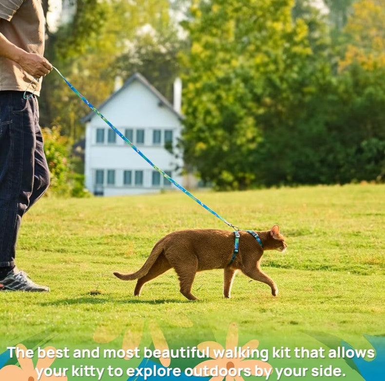 Cat Harness and Leash Set - Escape Proof Adjustable Cat Harness, Comfortable Soft Lightweight, Use Safe & Easy, Walking Travel Kitten Harness for Small Medium Large Cats (Hawaii Green)