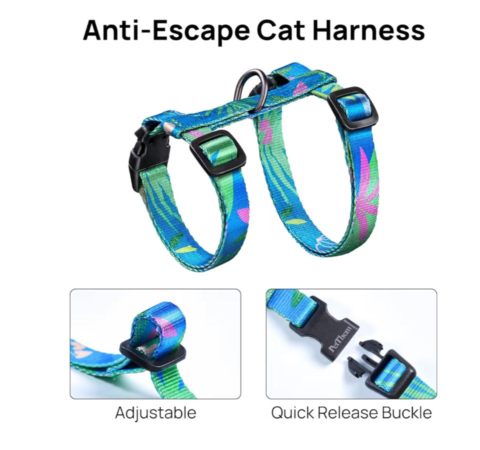 Cat Harness and Leash Set - Escape Proof Adjustable Cat Harness, Comfortable Soft Lightweight, Use Safe & Easy, Walking Travel Kitten Harness for Small Medium Large Cats (Hawaii Green)