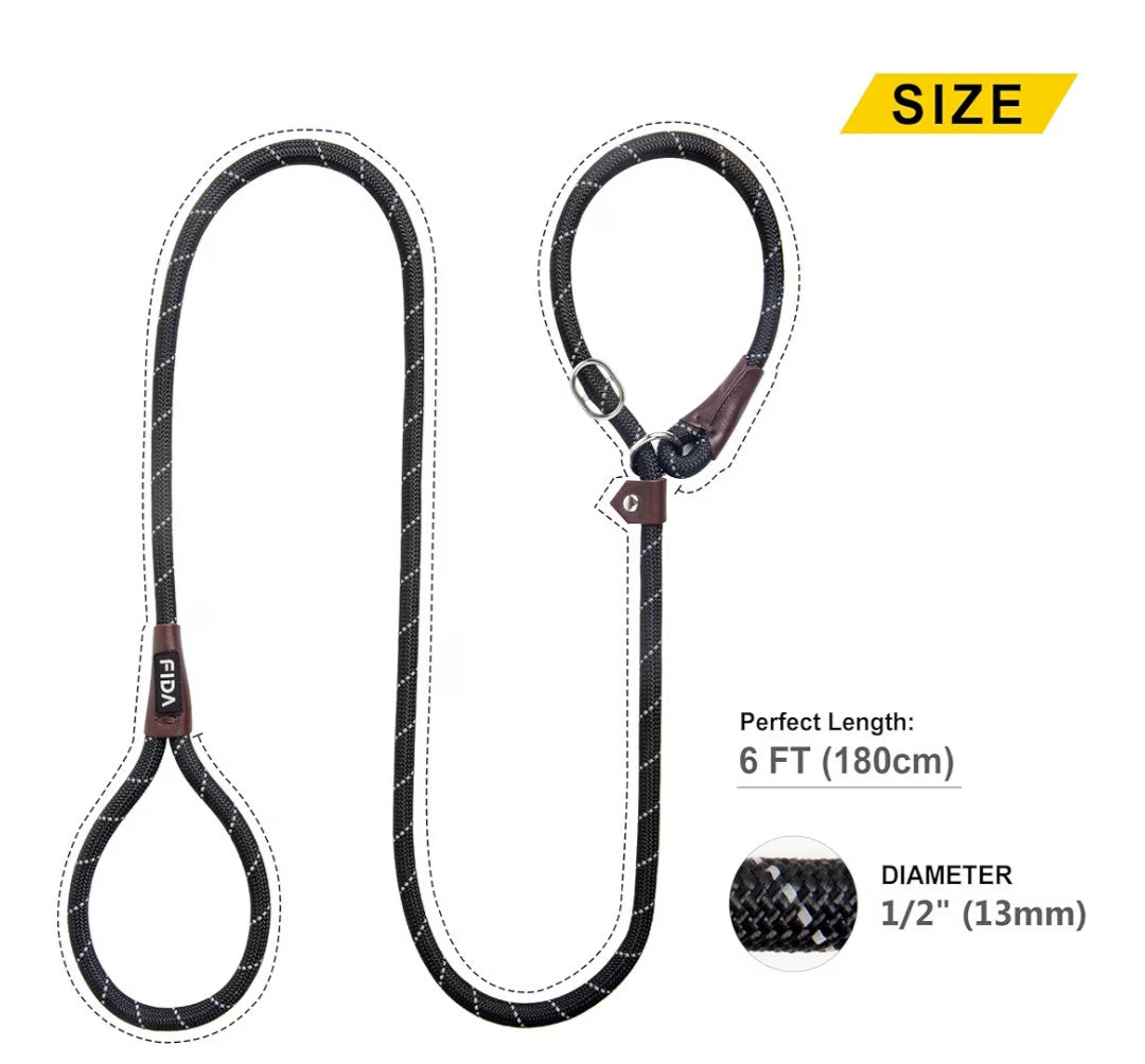 Fida Durable Slip Lead Dog Leash, 6 FT x 1/2" Heavy Duty Dog Loop Leashes, Comfortable Strong Rope Slip Leash for Large Medium Dogs, No Pull Pet Training Lead with Highly Reflective(1/2", Black)