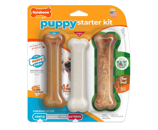 Nylabone New Puppy Starter Kit, 2 Chew Toys and 1 Natural Treat for Puppies, Puppy Teething Toy, Bacon & Chicken Flavor, Small Dogs - Up to 25 lbs., 3 Pack