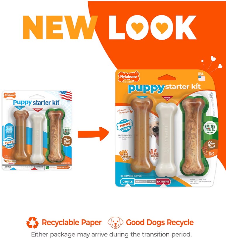 Nylabone New Puppy Starter Kit, 2 Chew Toys and 1 Natural Treat for Puppies, Puppy Teething Toy, Bacon & Chicken Flavor, Small Dogs - Up to 25 lbs., 3 Pack