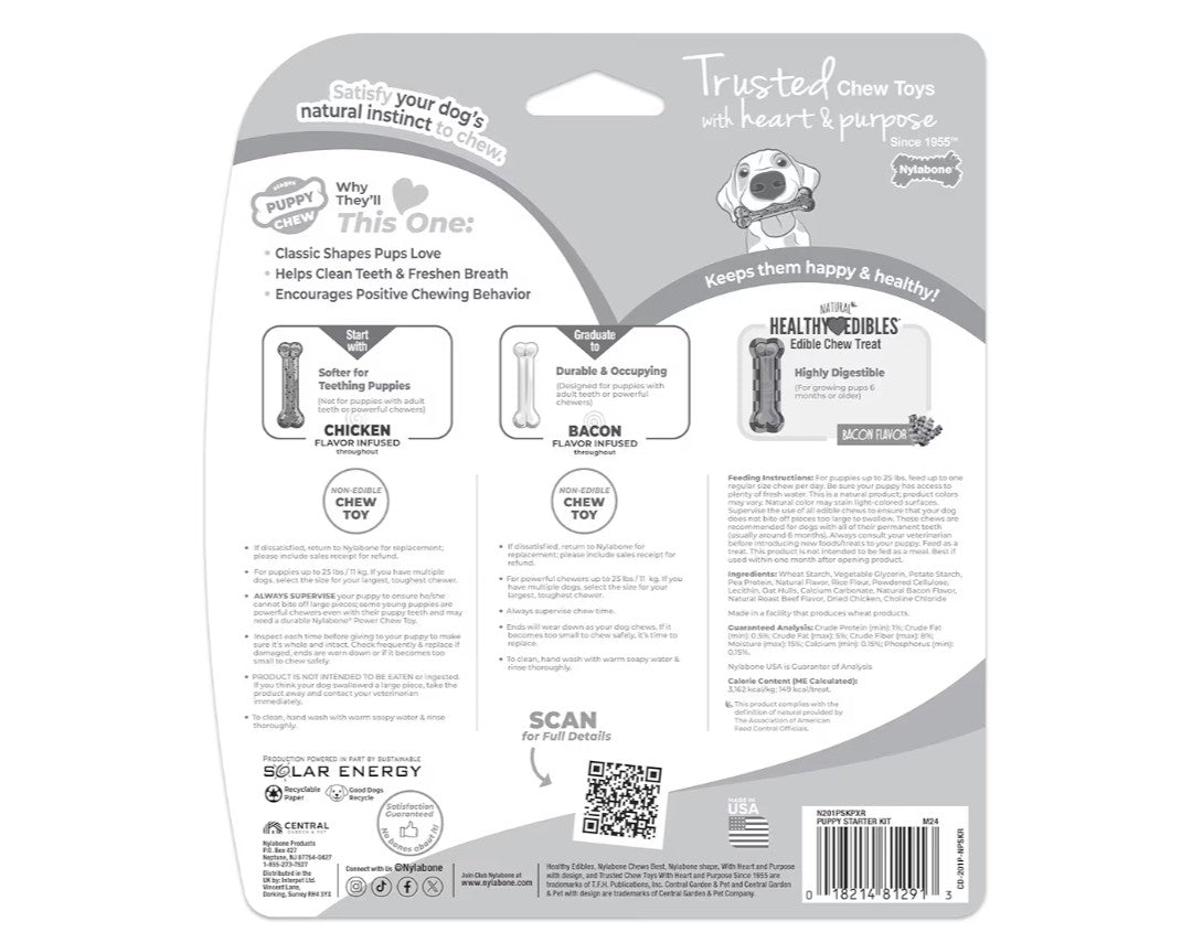 Nylabone New Puppy Starter Kit, 2 Chew Toys and 1 Natural Treat for Puppies, Puppy Teething Toy, Bacon & Chicken Flavor, Small Dogs - Up to 25 lbs., 3 Pack