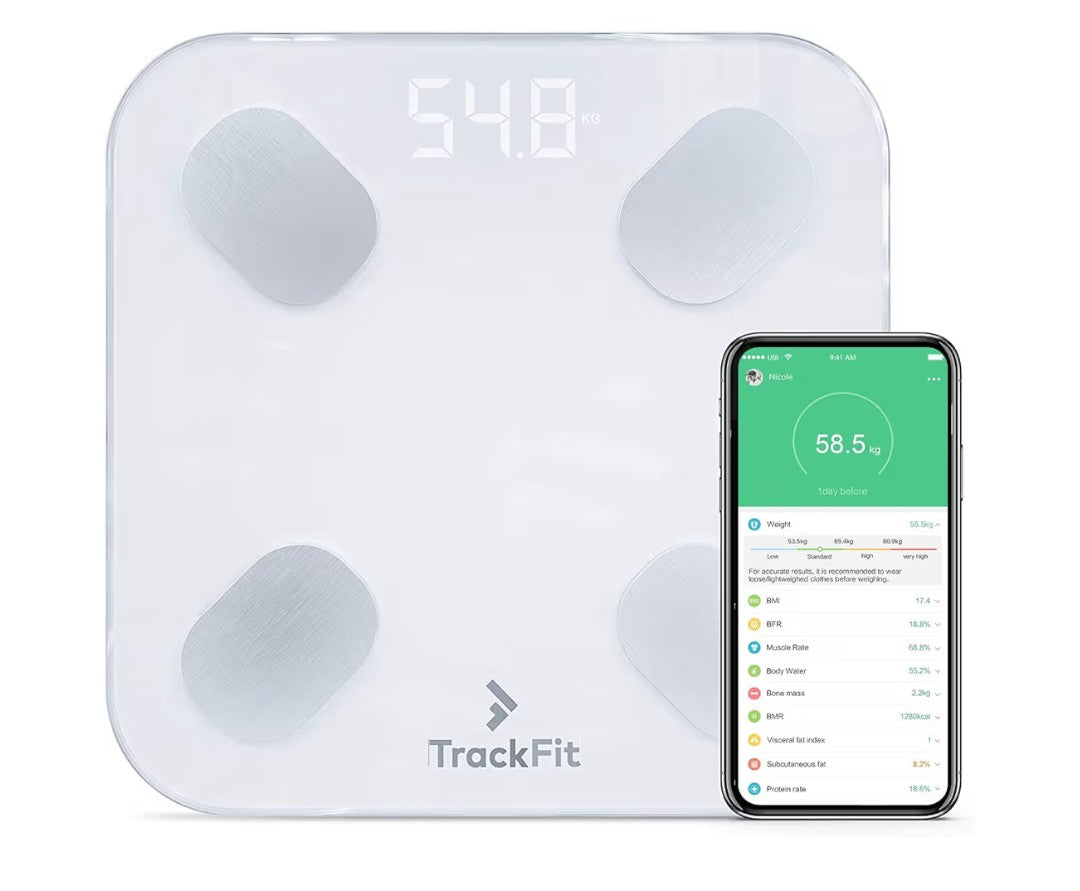 FitTrack Dara Smart BMI Digital Scale - Measure Weight and Body Fat - Most Accurate Bluetooth Glass Bathroom Scale (White)
